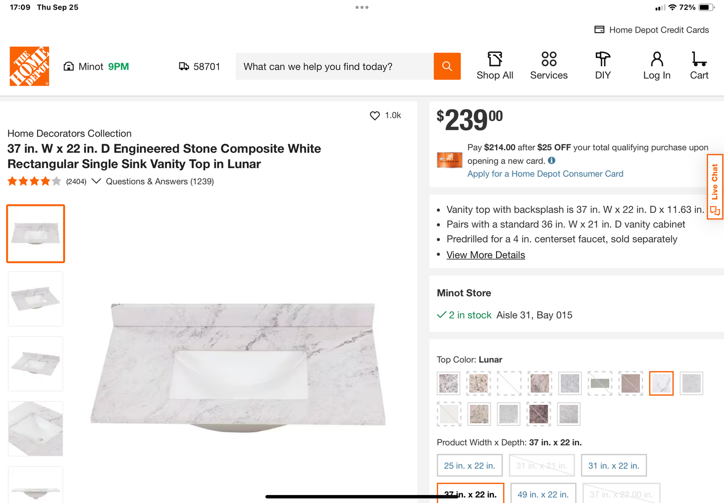 Home Decorators Collection 37” Stone Effects Vanity Top – Lunar Finish with Sink & Backsplash