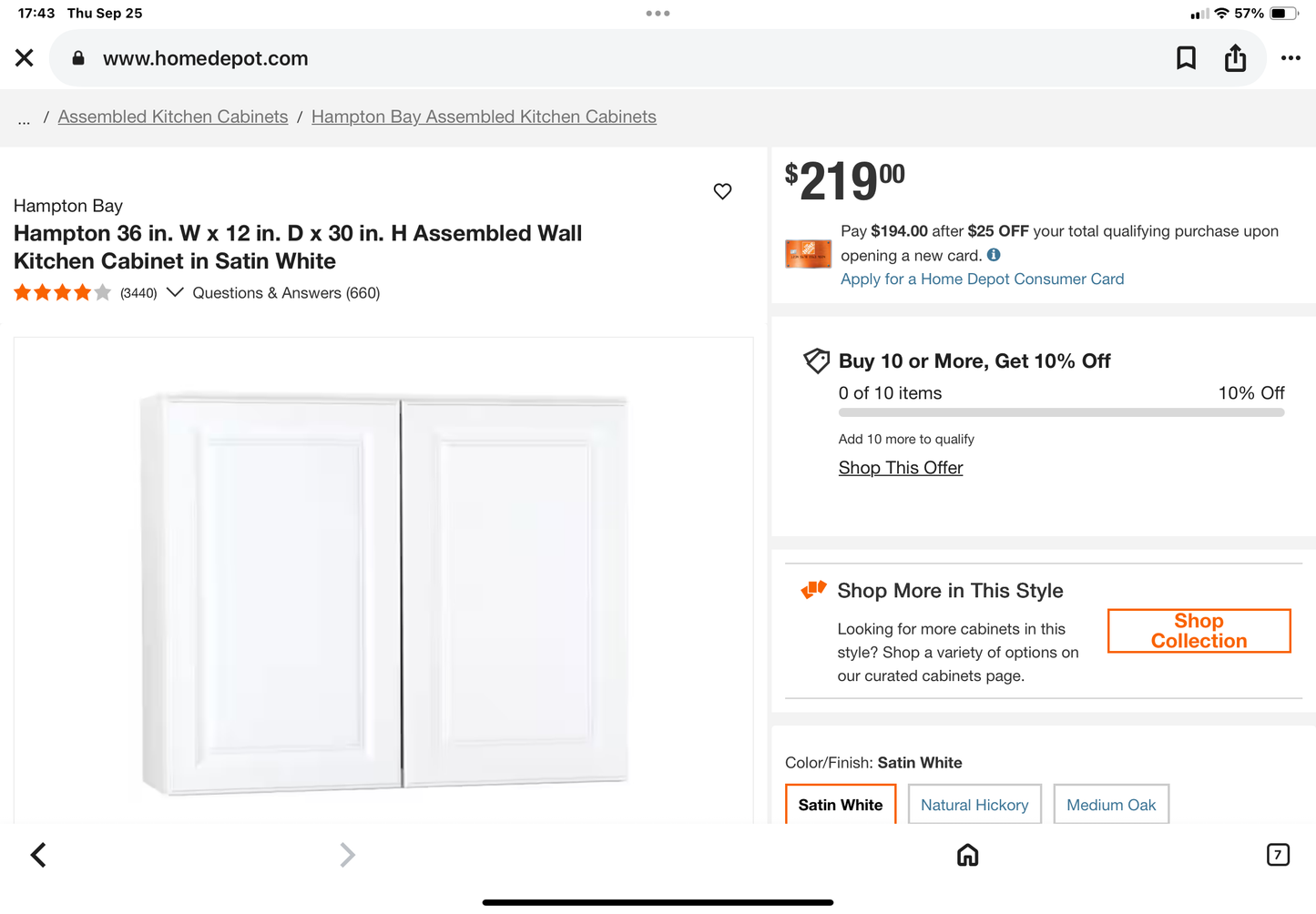 Hampton Bay 36” x 30” Wall Cabinet – White (Open Box / Assembly Needed)