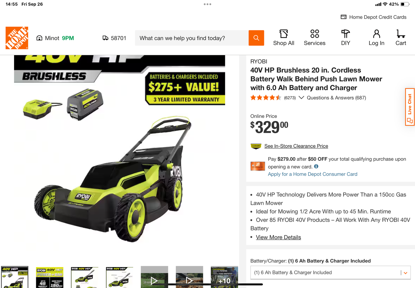 Ryobi 40V HP 20” Brushless Push Mower Kit (RY401170)