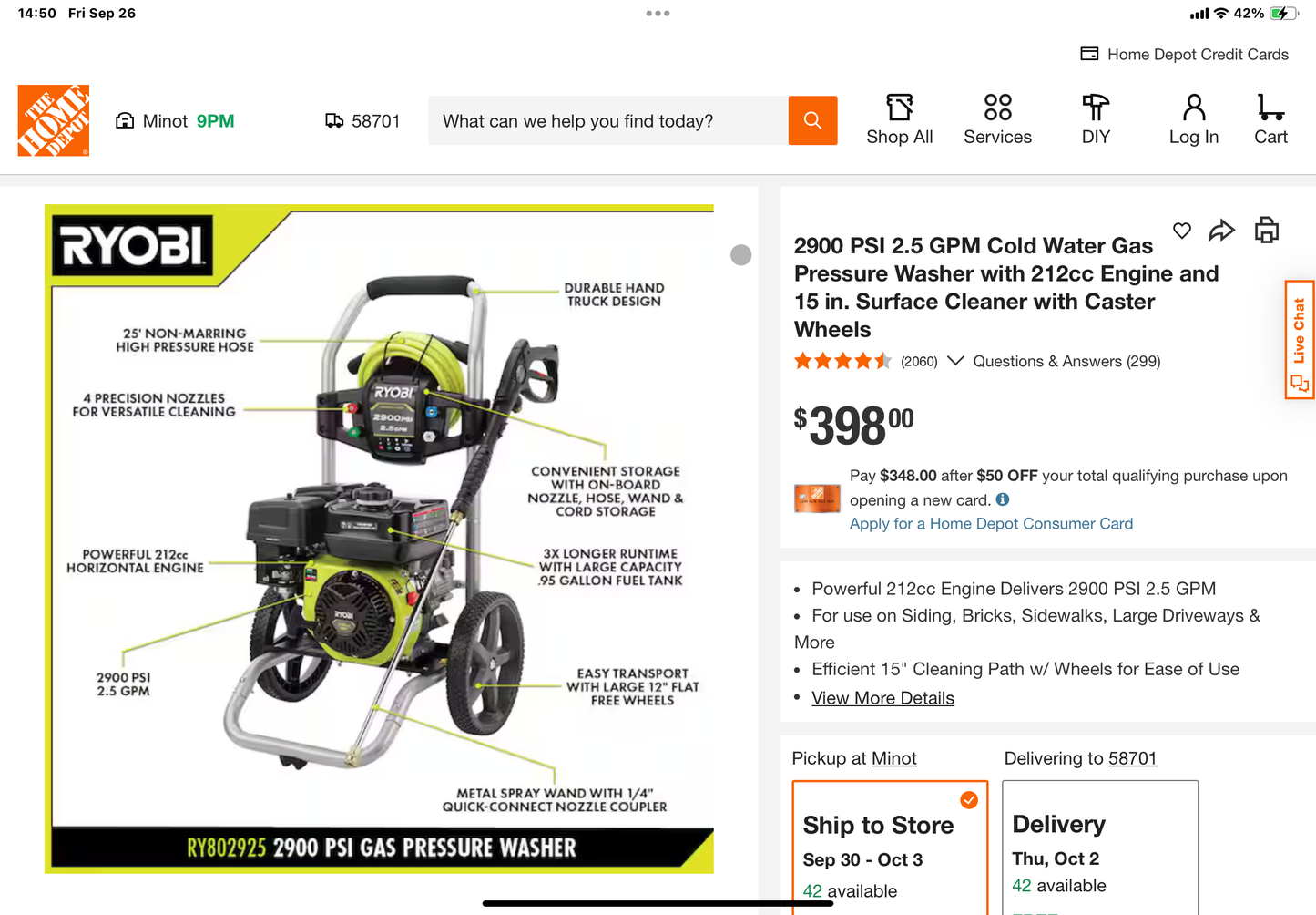 Ryobi 2900 PSI Gas Pressure Washer – 212cc Horizontal Engine