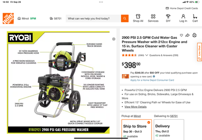 Ryobi 2900 PSI Gas Pressure Washer – 212cc Horizontal Engine
