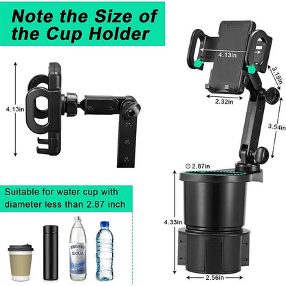 Adjustable Car Cup Holder Phone Mount, 2-In-1 Car Cup Phone Holder with Adjustable 360° Rotation Base + Long Gooseneck, Fits Any Smartphones and Most Bottles