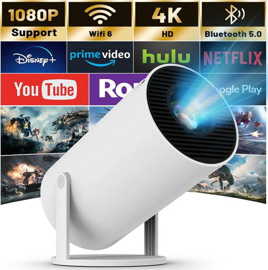 Mini Projector with WIFI 6 and Bluetooth, 4K 1080P Support,Portable 180° Rotatable 130'' Screen Movie Projector Auto Keystone Compatible for Laptop, PC, Smartphone
