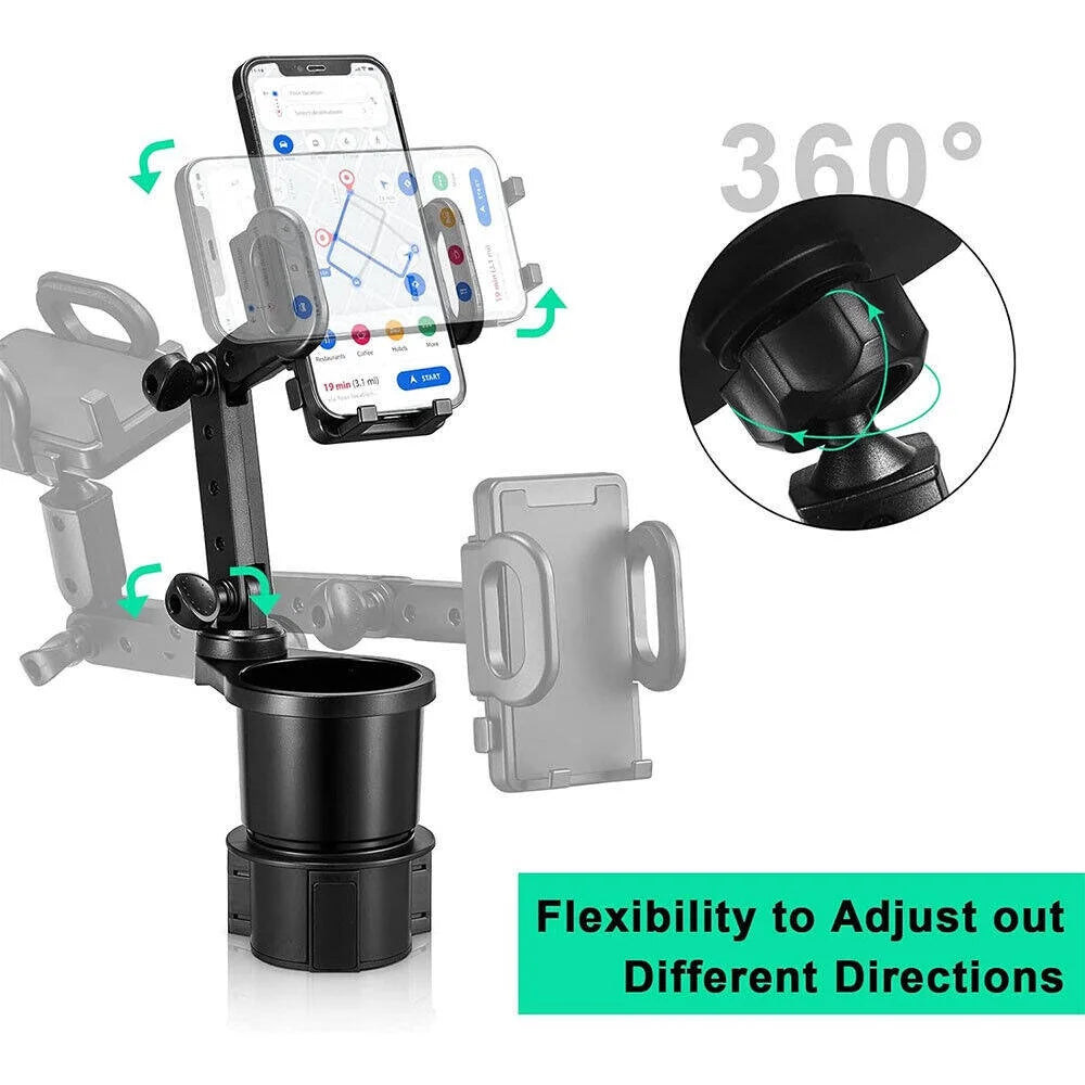 Adjustable Car Cup Holder Phone Mount, 2-In-1 Car Cup Phone Holder with Adjustable 360° Rotation Base + Long Gooseneck, Fits Any Smartphones and Most Bottles