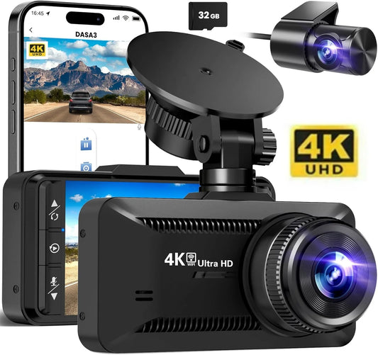 Dash Cam Front Rear 4K/1080P, Dash Camera for Cars Build in Wifi, Full HD Dash Cam with APP Control, 3.94‘’ IPS Screen Dash Camera with 32GB SD Card, G-Sensor, WDR, 24Hr Parking Mote, Loop Recording