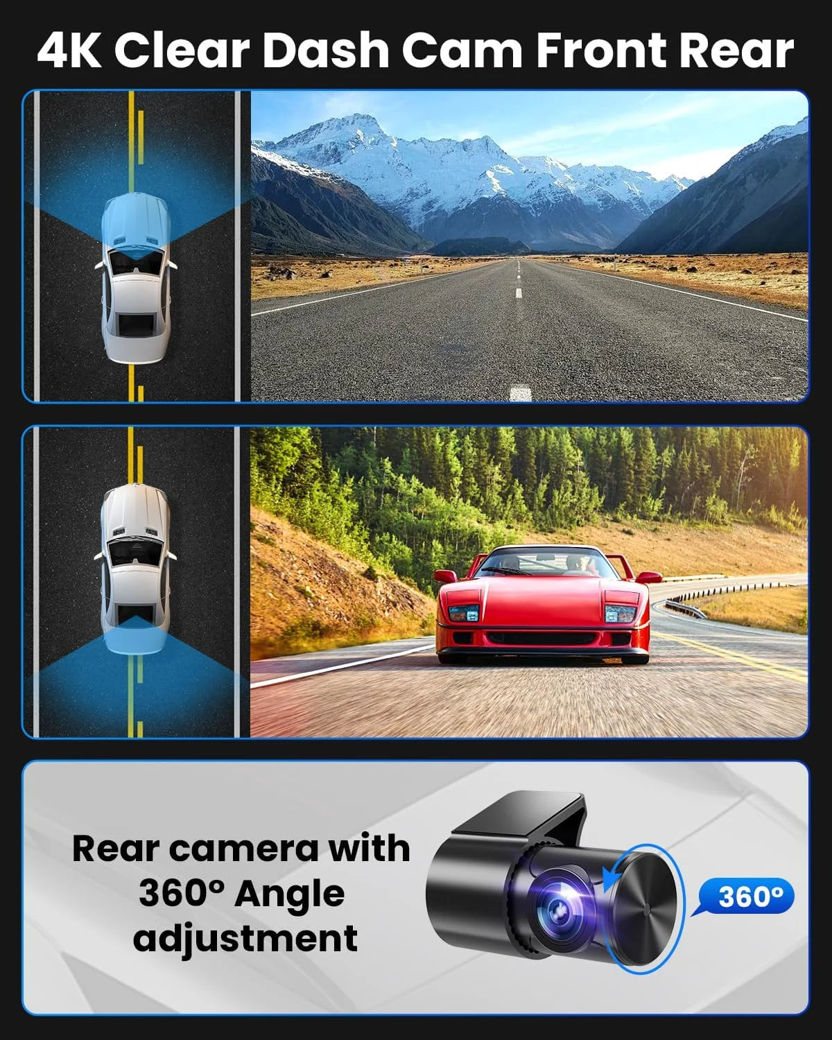 Dash Cam Front Rear 4K/1080P, Dash Camera for Cars Build in Wifi, Full HD Dash Cam with APP Control, 3.94‘’ IPS Screen Dash Camera with 32GB SD Card, G-Sensor, WDR, 24Hr Parking Mote, Loop Recording