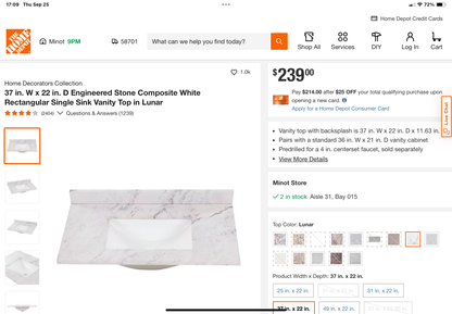 Home Decorators Collection 37” Stone Effects Vanity Top – Lunar Finish with Sink & Backsplash