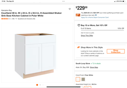 Hampton Bay Courtland 30” Sink Base Cabinet – Polar White (Shaker Style)