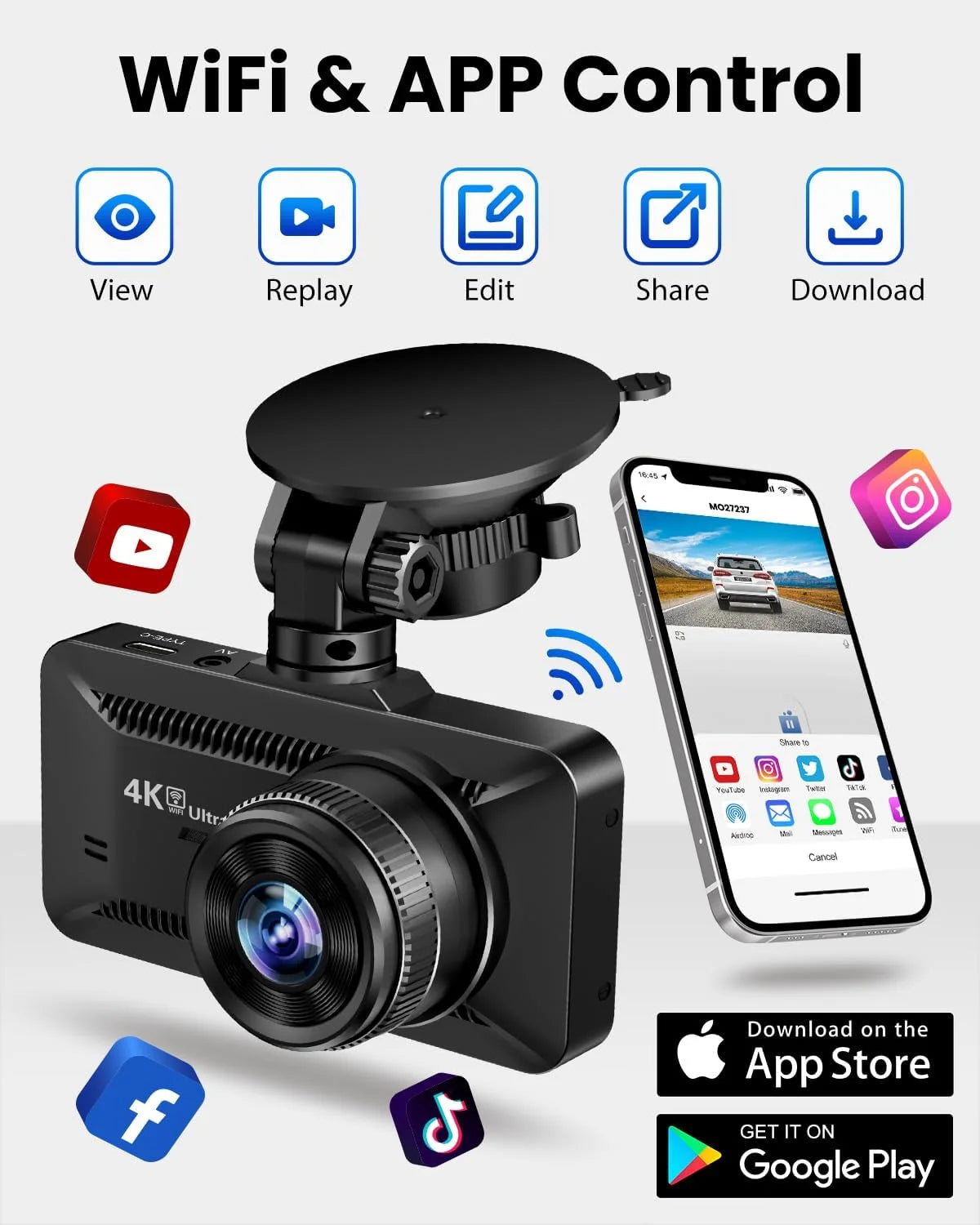 Dash Cam Front Rear 4K/1080P, Dash Camera for Cars Build in Wifi, Full HD Dash Cam with APP Control, 3.94‘’ IPS Screen Dash Camera with 32GB SD Card, G-Sensor, WDR, 24Hr Parking Mote, Loop Recording