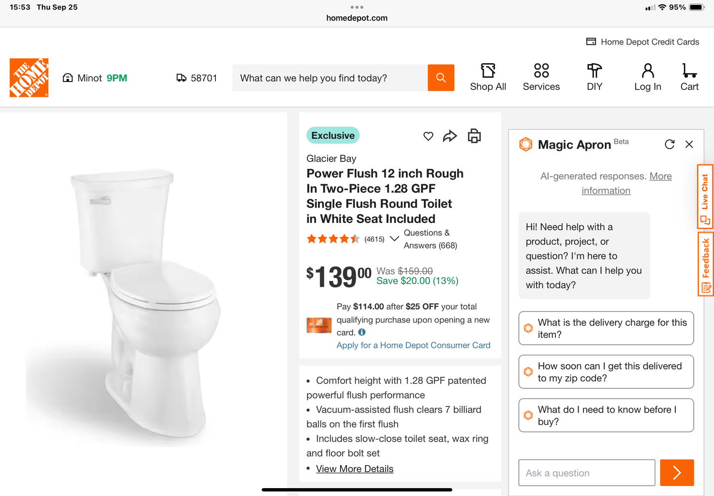 Glacier Bay Power Flush 2-Piece High-Efficiency Toilet – White