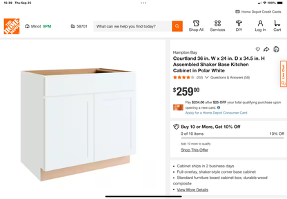 Hampton Bay Courtland 36” Base Shaker Cabinet – Polar White