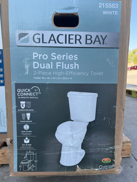 Glacier Bay Pro Series Dual Flush Toilet – 2-Piece High Efficiency, White (Cracked Lid)