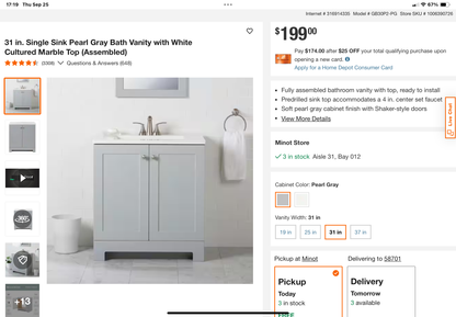 Glacier Bay 30” Vanity Combo – Pearl Gray with White Cultured Marble Top (Open Box)