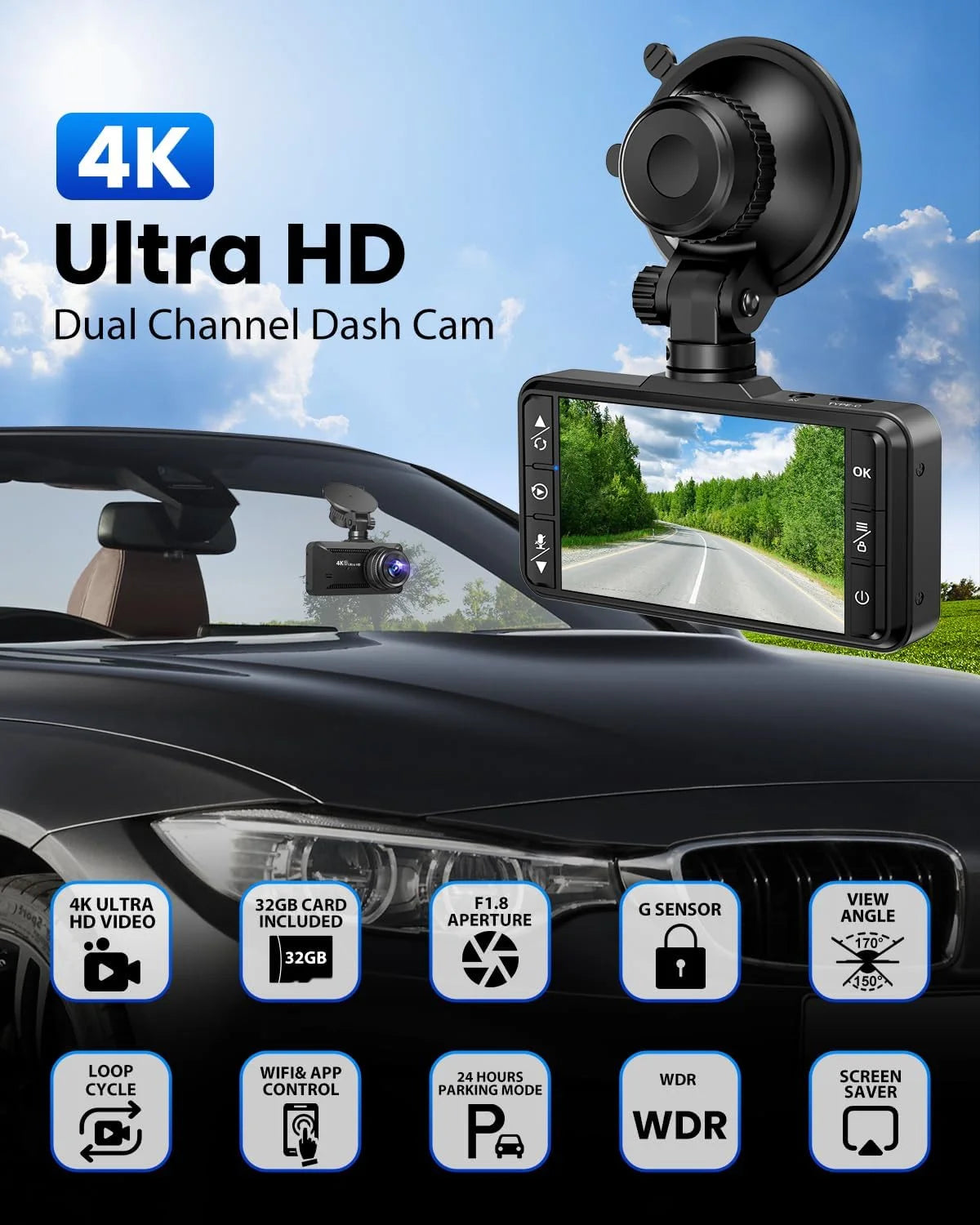 Dash Cam Front Rear 4K/1080P, Dash Camera for Cars Build in Wifi, Full HD Dash Cam with APP Control, 3.94‘’ IPS Screen Dash Camera with 32GB SD Card, G-Sensor, WDR, 24Hr Parking Mote, Loop Recording