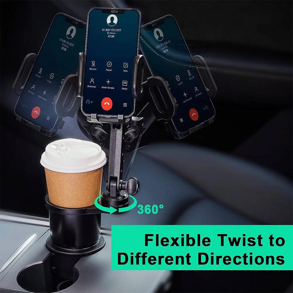 Adjustable Car Cup Holder Phone Mount, 2-In-1 Car Cup Phone Holder with Adjustable 360° Rotation Base + Long Gooseneck, Fits Any Smartphones and Most Bottles